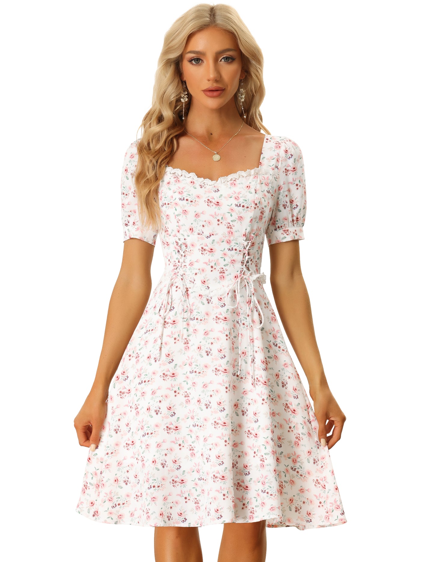 Allegra K Floral Lace Up Smocked Back Ruffle Summer A-Line Midi Dress