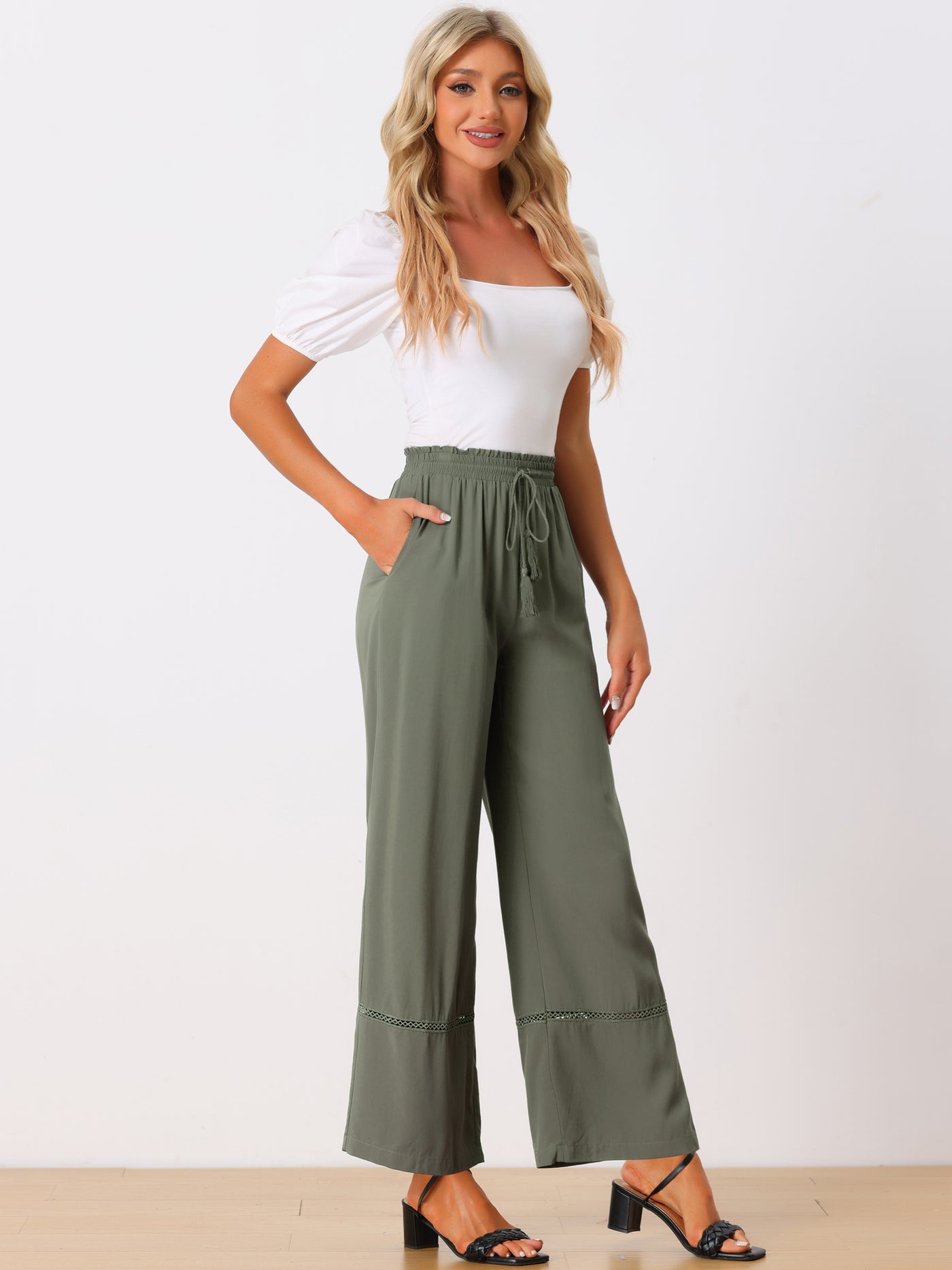 Allegra K Casual Loose High Waist Drawstring Wide Leg Palazzo Paper Bag Pants