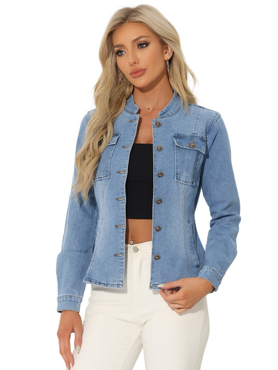 Casual Denim Classic Stand Collar Long Sleeve Jean Jacket