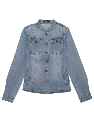 Casual Denim Classic Stand Collar Long Sleeve Jean Jacket