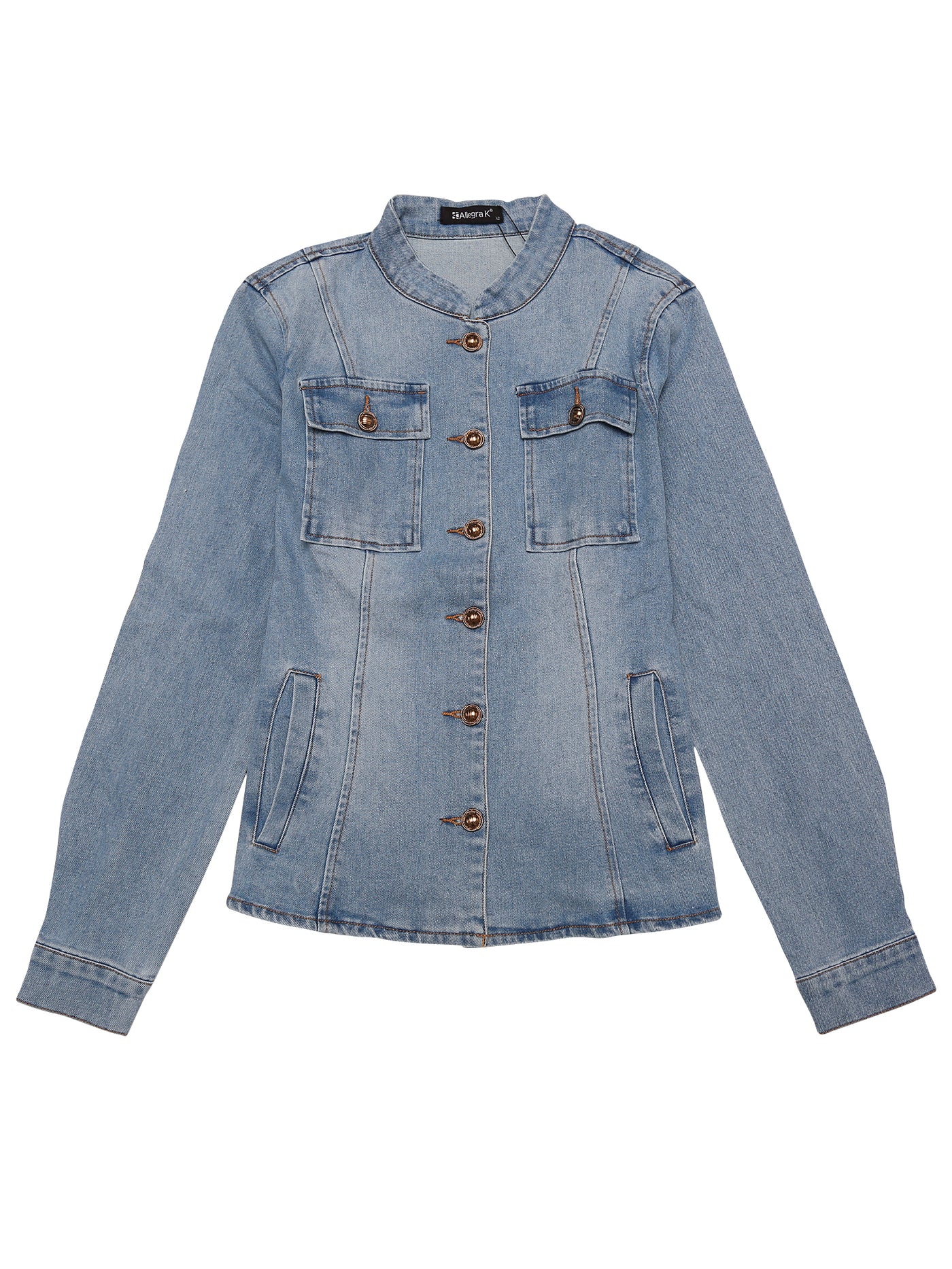 Allegra K Casual Denim Classic Stand Collar Long Sleeve Jean Jacket