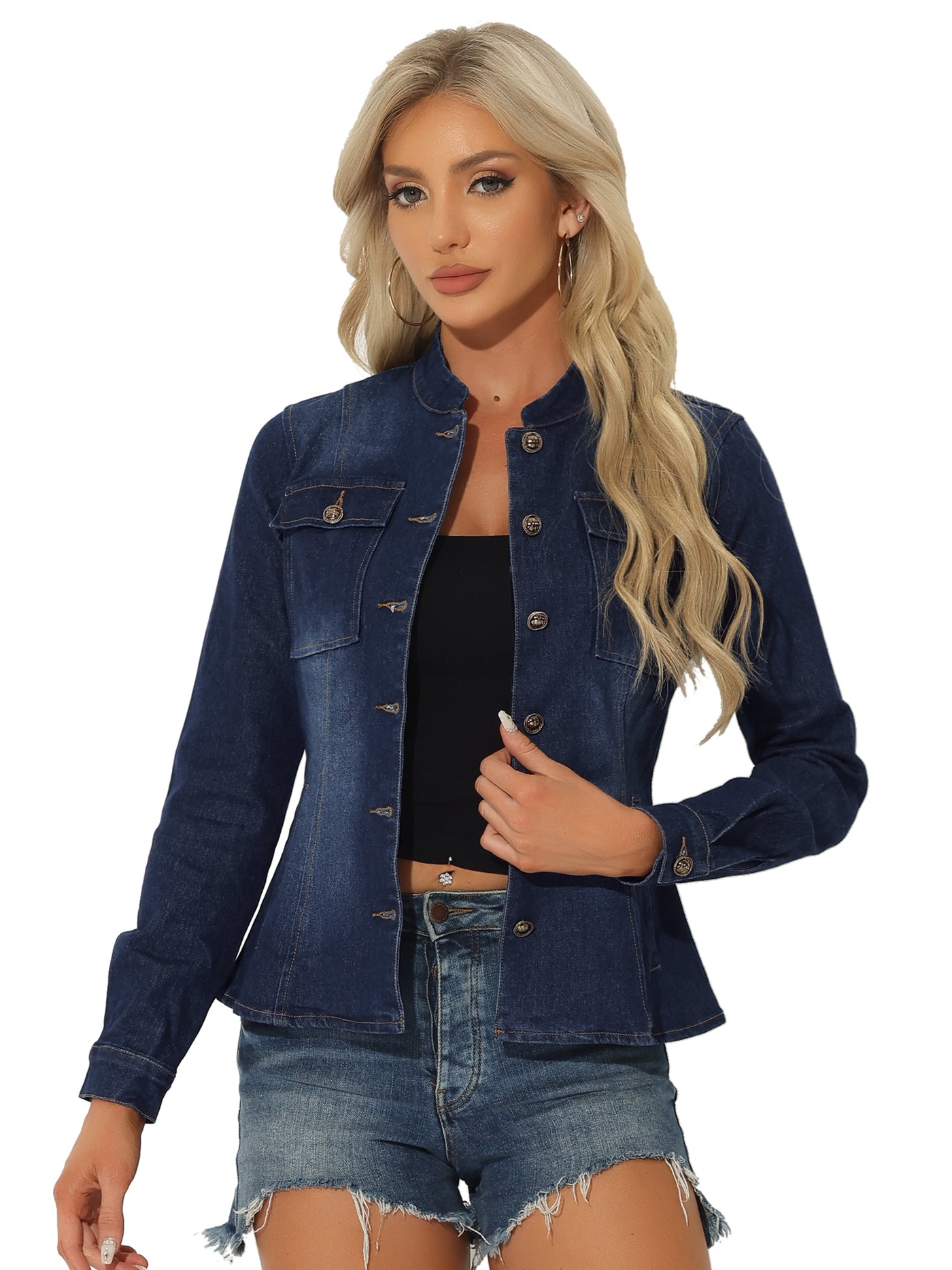 Allegra K Casual Denim Classic Stand Collar Long Sleeve Jean Jacket