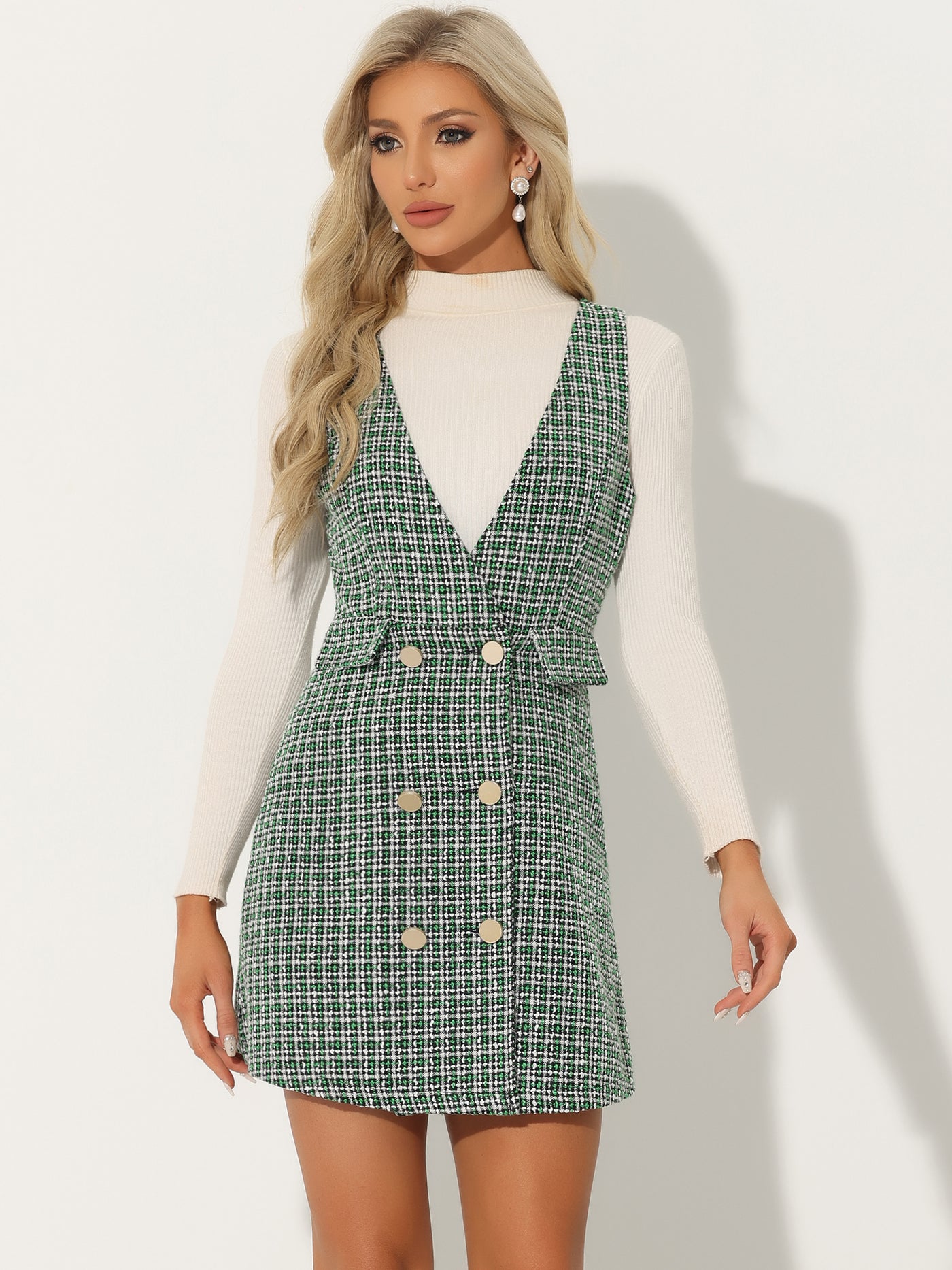 Allegra K Elegant Button Front V Neck Plaid Tweed Overalls Pinafore Dress