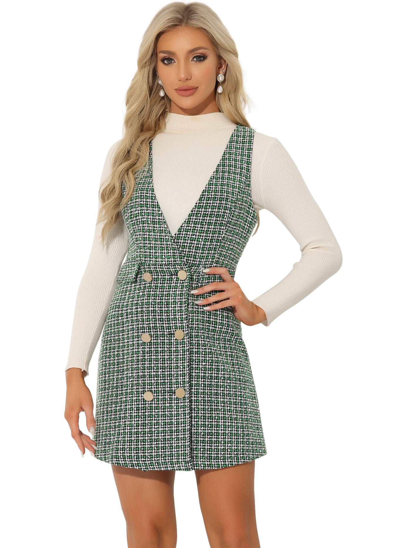 Allegra K Elegant Button Front V Neck Plaid Tweed Overalls Pinafore Dress