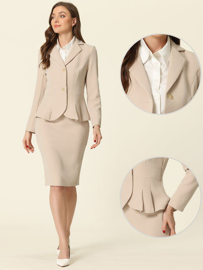 Long Sleeve Notched Lapel Peplum Blazer Pencil Skirt 2 Piece Set