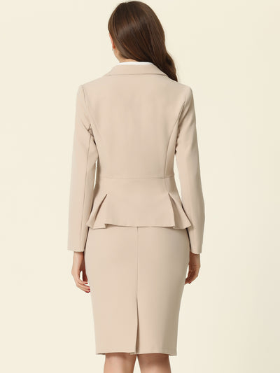 Long Sleeve Notched Lapel Peplum Blazer Pencil Skirt 2 Piece Set