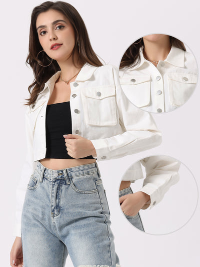 Button Down Long Sleeve Casual Chambray Cargo Crop Jacket