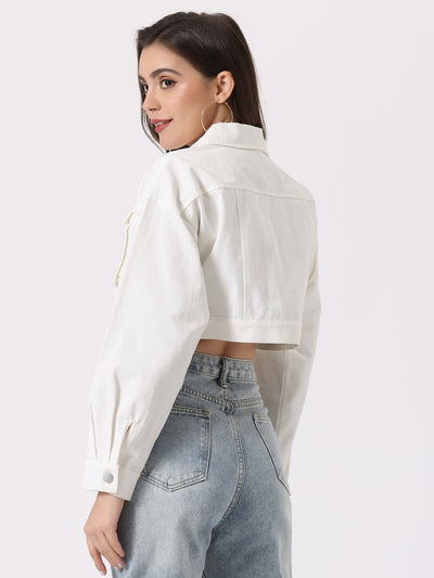 Button Down Long Sleeve Casual Chambray Cargo Crop Jacket