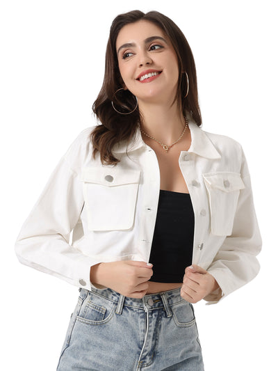 Button Down Long Sleeve Casual Chambray Cargo Crop Jacket