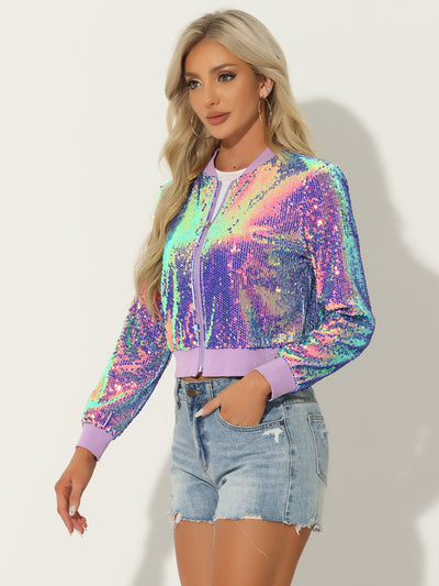 Sequin Long Sleeve Zipper Up Collarless Glitter Bomber Jacket