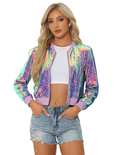 Sequin Long Sleeve Zipper Up Collarless Glitter Bomber Jacket