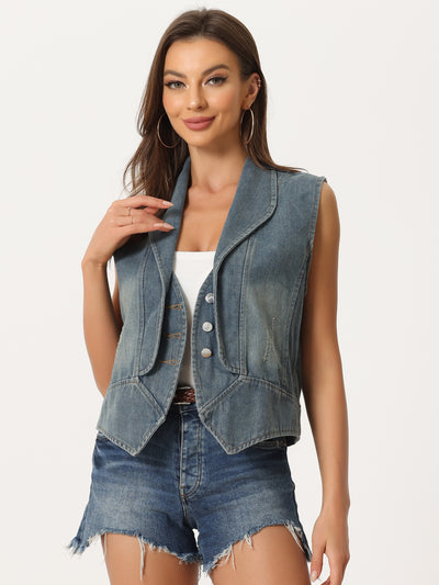 Casual Collar Button Down Waistcoat Distressed Sleeveless Jean Jacket Denim Vest