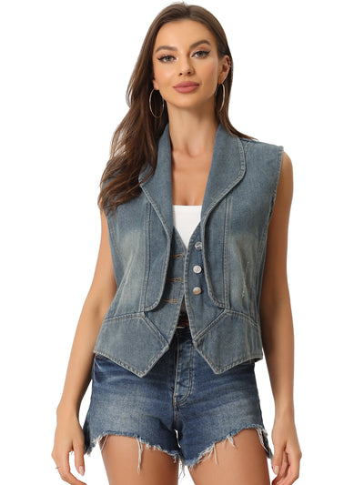 Casual Collar Button Down Waistcoat Distressed Sleeveless Jean Jacket Denim Vest