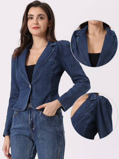 Notched Lapel One Button Long Sleeve Denim Blazer Jean Jacket