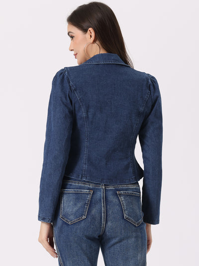 Notched Lapel One Button Long Sleeve Denim Blazer Jean Jacket