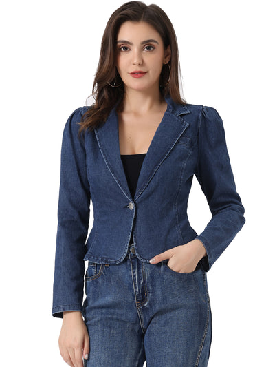 Notched Lapel One Button Long Sleeve Denim Blazer Jean Jacket