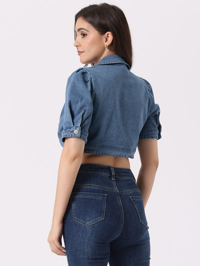 Cropped Denim Short Sleeve Lapel Collar Jean Jacket