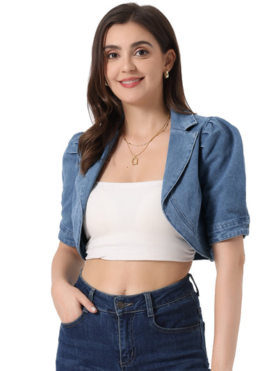 Cropped Denim Short Sleeve Lapel Collar Jean Jacket