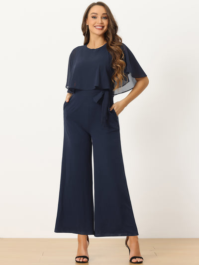 Cape Sleeve Belted Wide Leg Pants Casual Jumpsuit