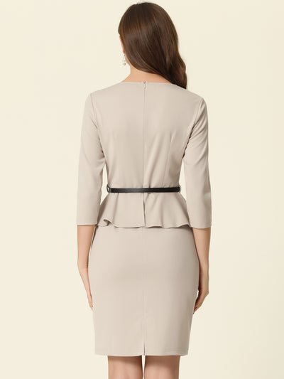 Elegant Bodycon Pencil Belted Peplum Work Sheath Dress