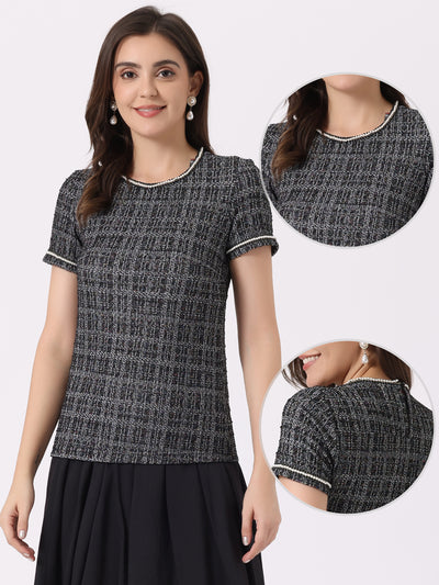 Tweed Short Sleeve Top Casual Round Neck Pearl Decoration Blouse