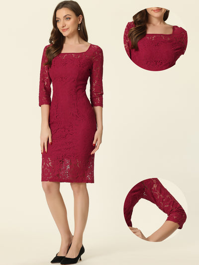 Lace 3/4 Sleeve Dress Square Neck Midi Straight Tired