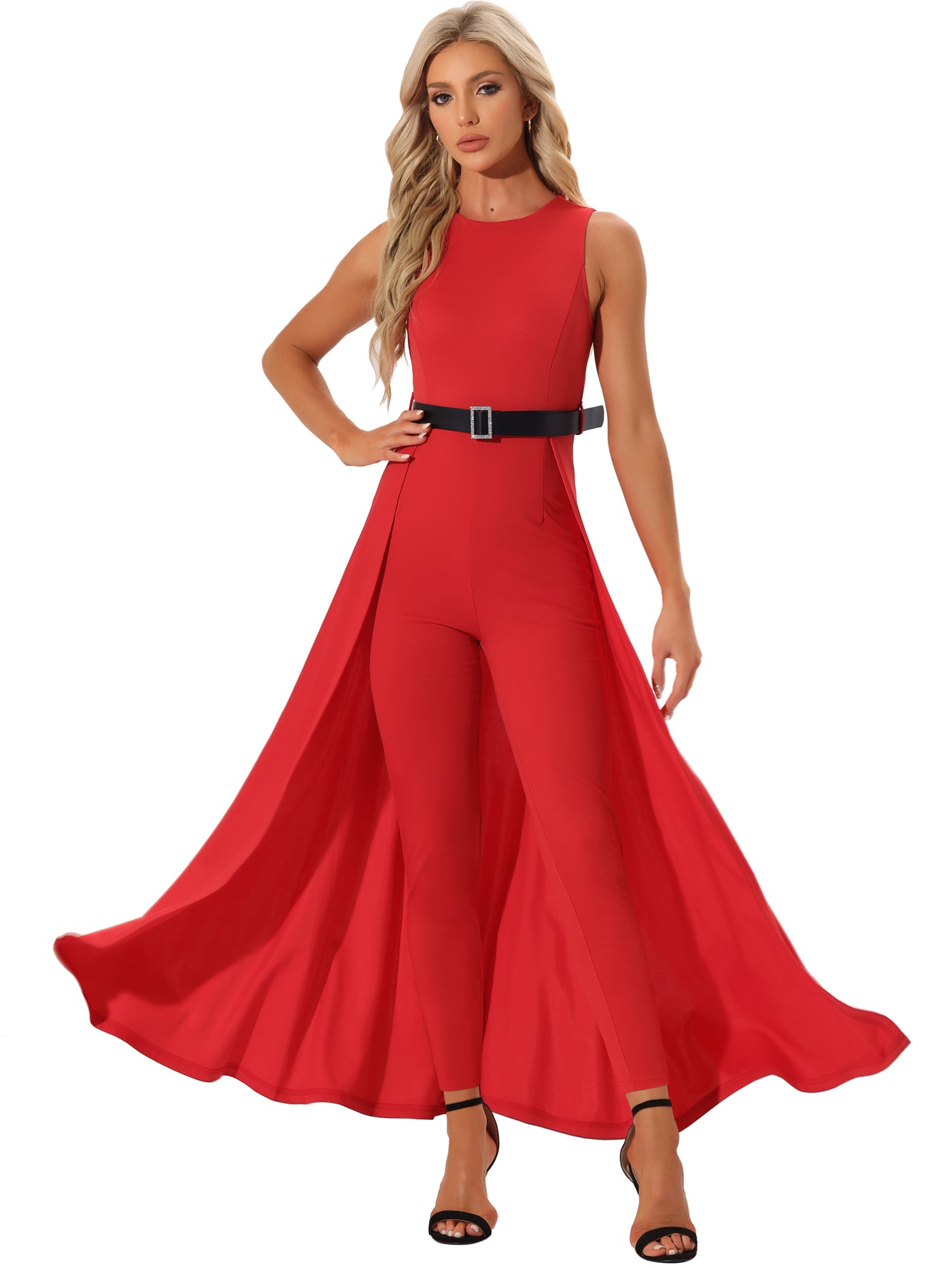 Allegra K Solid Sleeveless Belted High-Waist Overlay Swing Jumpsuit