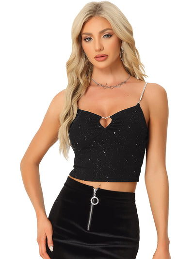 Sparkly Glitter Encrusted Spaghetti Straps Cut Out Party Camisole Cropped Tops
