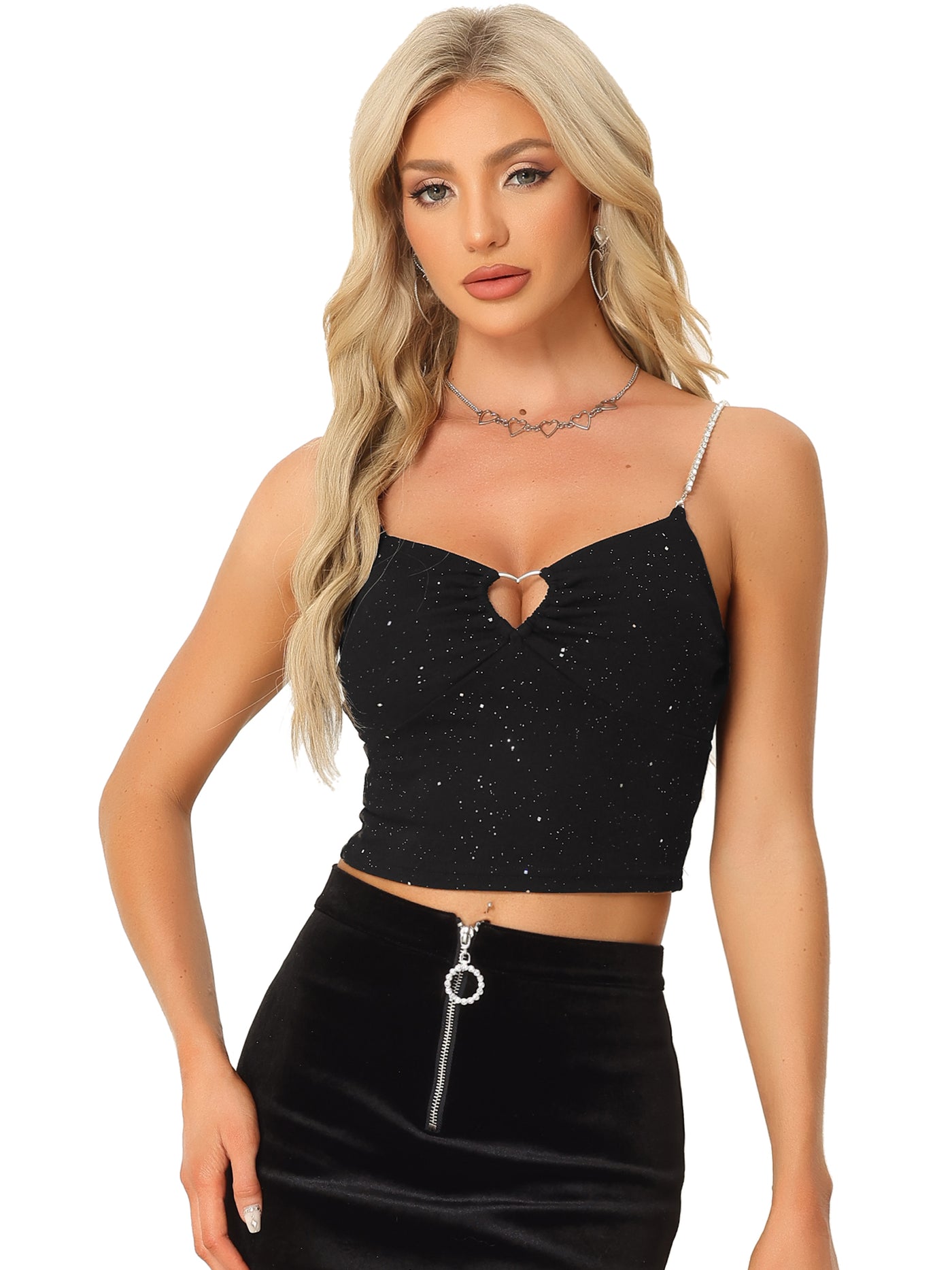 Allegra K Sparkly Glitter Encrusted Spaghetti Straps Cut Out Party Camisole Cropped Tops