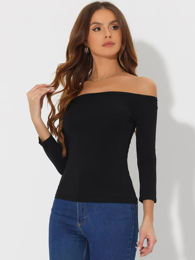 Off Shoulder 3/4 Sleeves Solid Color Casual Blouse Tops