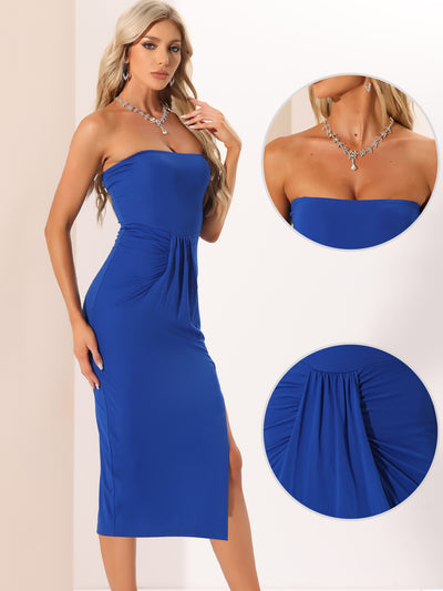 Strapless Side Split Ruched Wrap Party Cocktail Midi Dress