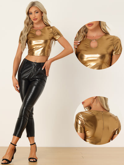 Metallic Keyhole Short Sleeve Party Shiny Holographic Crop Top