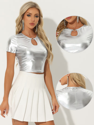 Metallic Keyhole Short Sleeve Party Shiny Holographic Crop Top