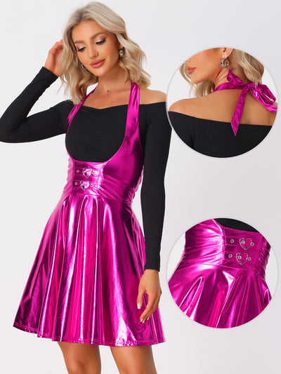 Metallic Overalls High Waist Party A-Line Suspender Skirt