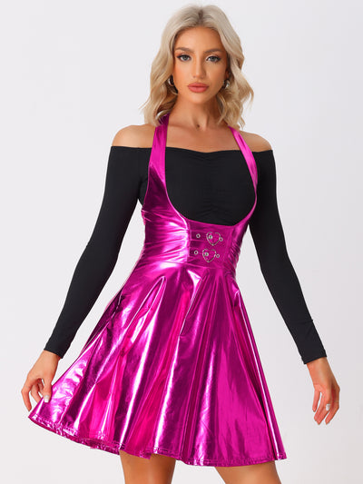 Metallic Overalls High Waist Party A-Line Suspender Skirt