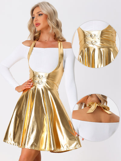 Metallic Overalls High Waist Party A-Line Suspender Skirt