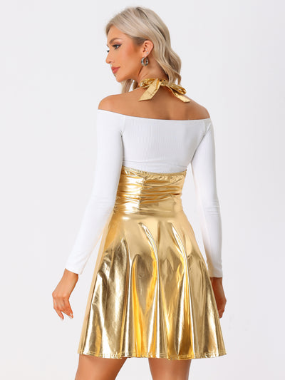 Metallic Overalls High Waist Party A-Line Suspender Skirt