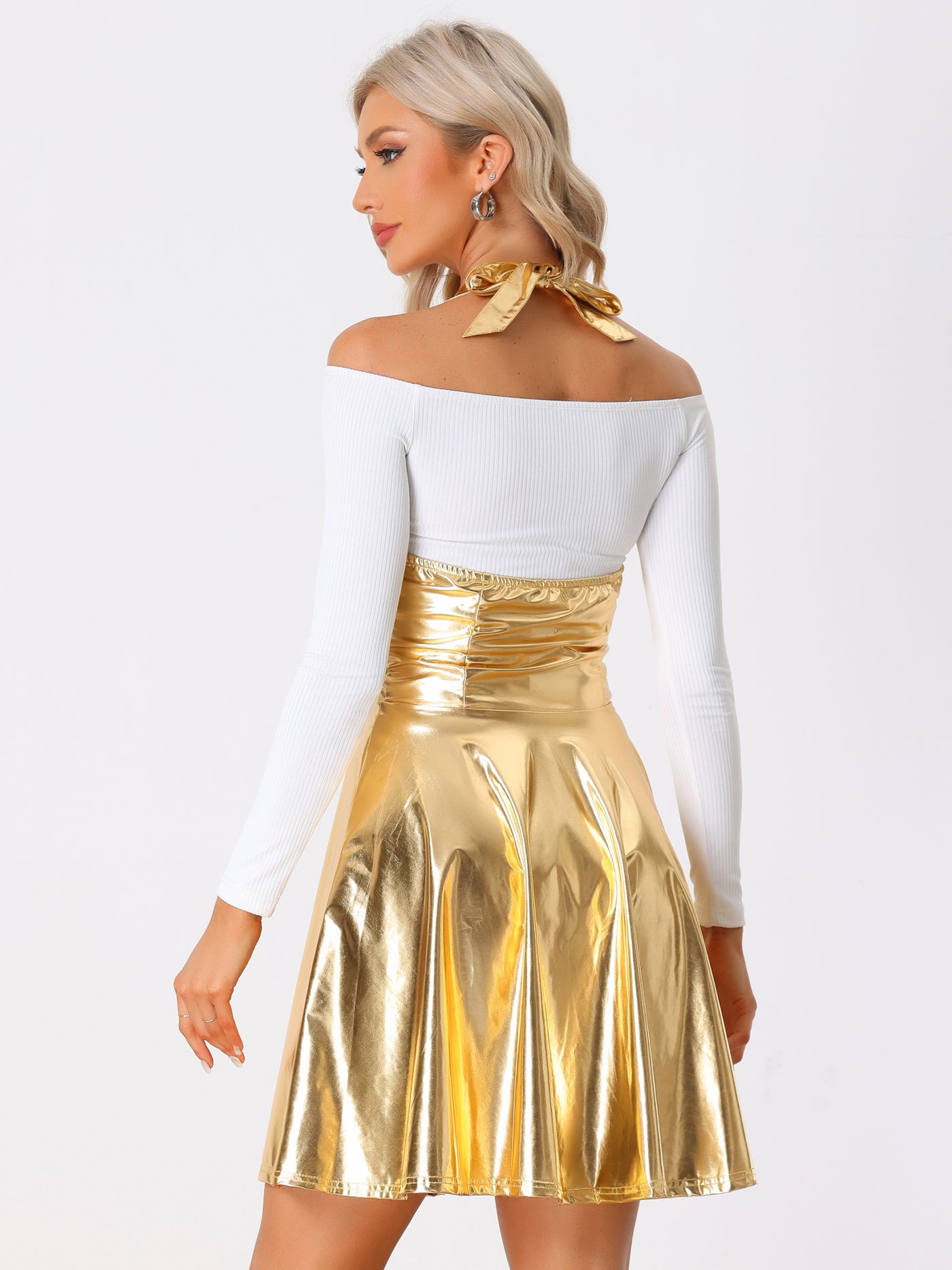 Allegra K Metallic Overalls High Waist Party A-Line Suspender Skirt