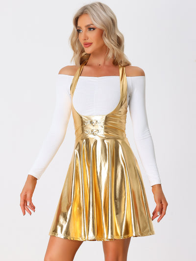 Metallic Overalls High Waist Party A-Line Suspender Skirt