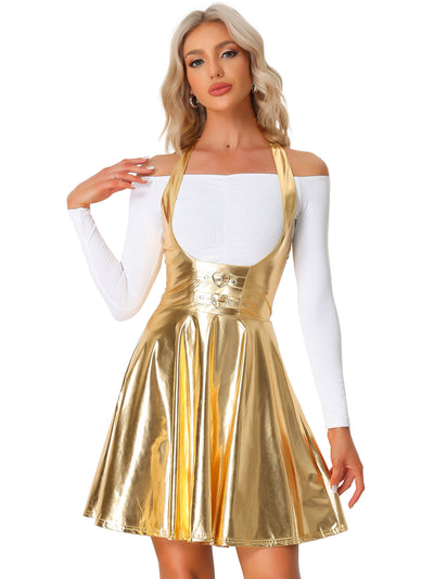 Metallic Overalls High Waist Party A-Line Suspender Skirt