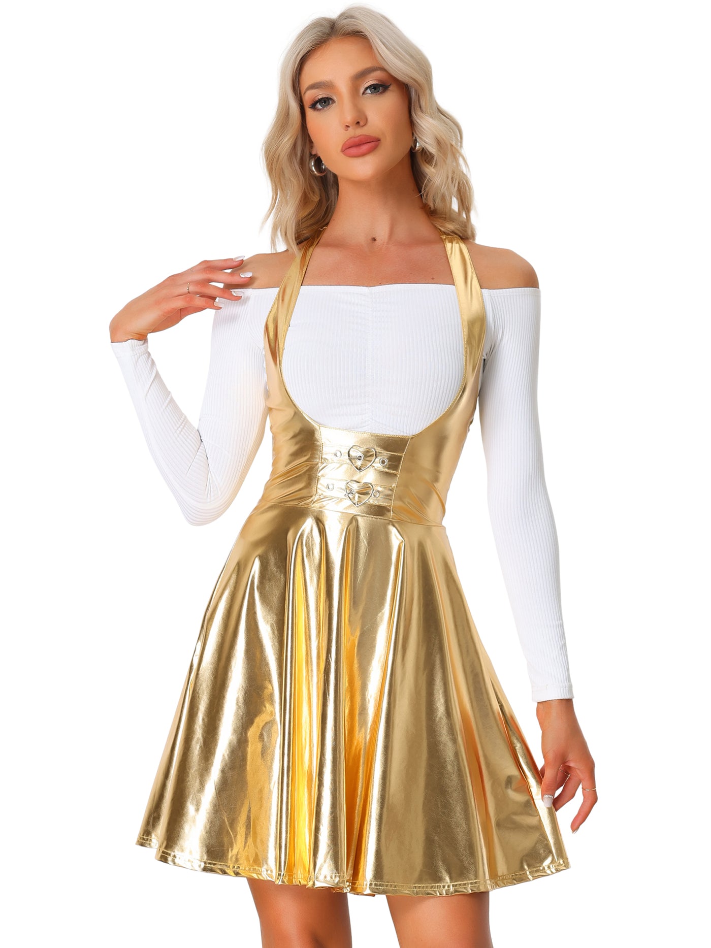 Allegra K Metallic Overalls High Waist Party A-Line Suspender Skirt