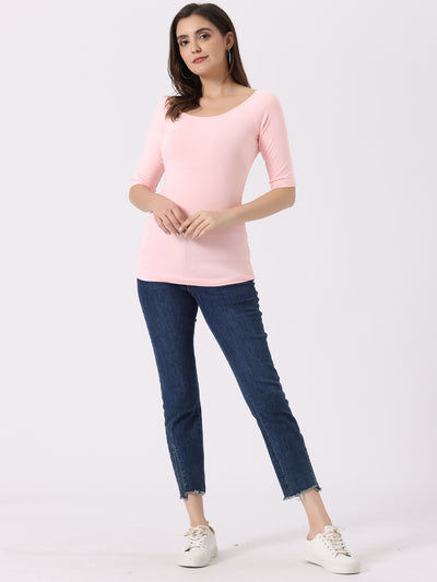 Scoop Neck Half Sleeves Fitted Layering Soft T-Shirt