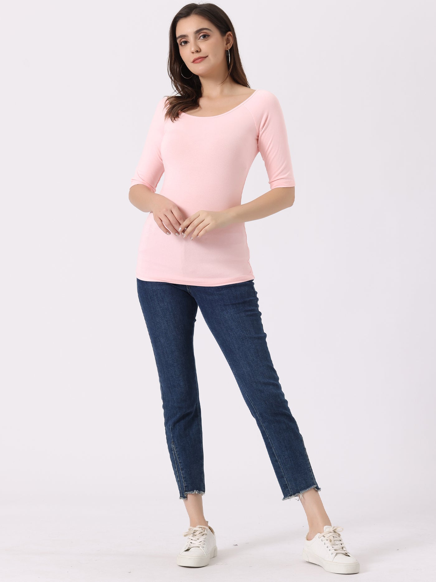 Allegra K Scoop Neck Half Sleeves Fitted Layering Soft T-Shirt