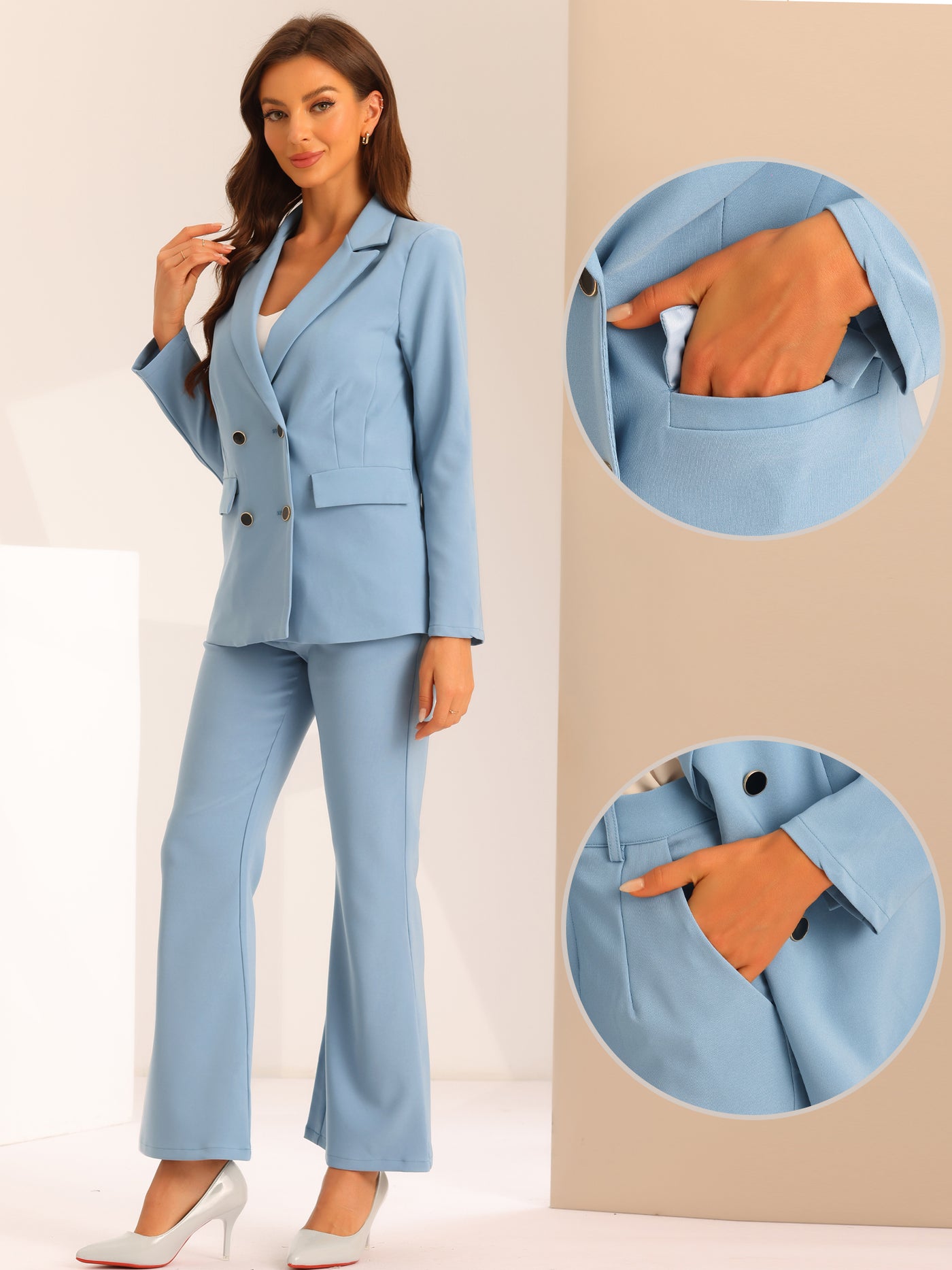 Allegra K 2 Pieces Notched Lapel Double Breasted Blazer and Bell Bottom Pants Business Work Suit Set