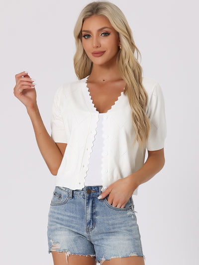 Knit Crop Top Short Sleeves Button Down V Neck Ruffle Sweater Blouse