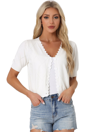 Knit Crop Top Short Sleeves Button Down V Neck Ruffle Sweater Blouse