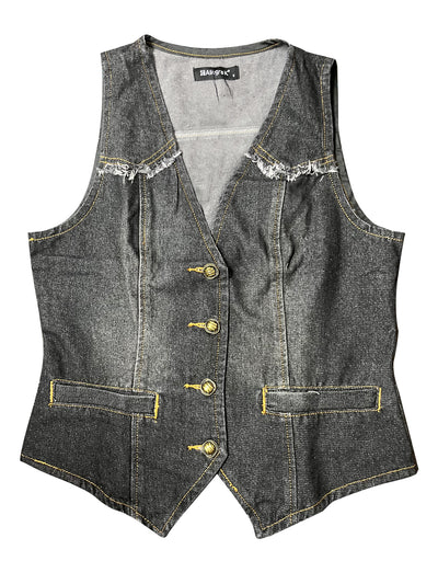 Denim Vest Sleeveless Collarless Washed Distressed Jean Jacket