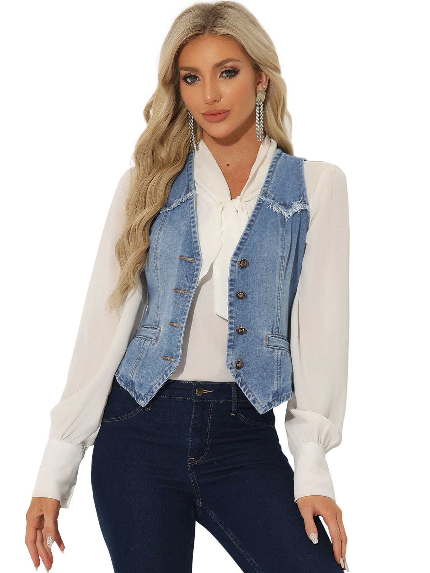 Allegra K Denim Vest Sleeveless Collarless Washed Distressed Jean Jacket