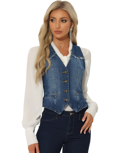 Denim Vest Sleeveless Collarless Washed Distressed Jean Jacket