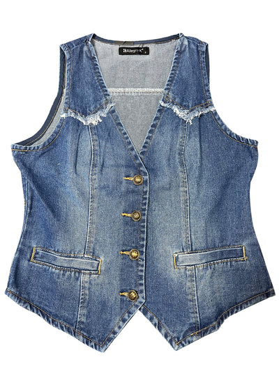 Denim Vest Sleeveless Collarless Washed Distressed Jean Jacket